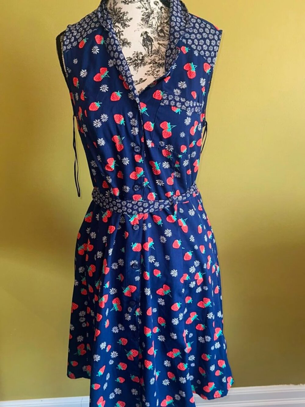 Vintage Retro Strawberry Print Midi Collared Dress Blue Daisy Cottagecore Summer - Picture 2 of 13